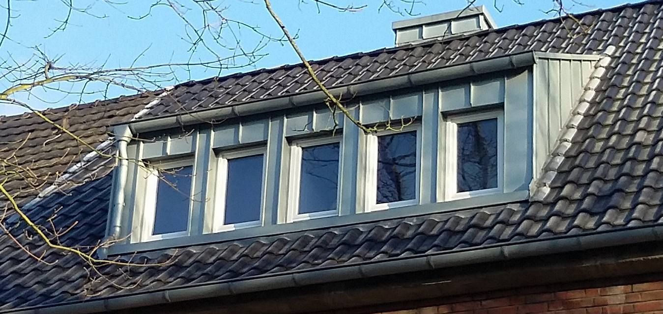Dachgaube mit fünf Fenstern und grauen Rahmen, braune Dachziegel, Äste im Vordergrund