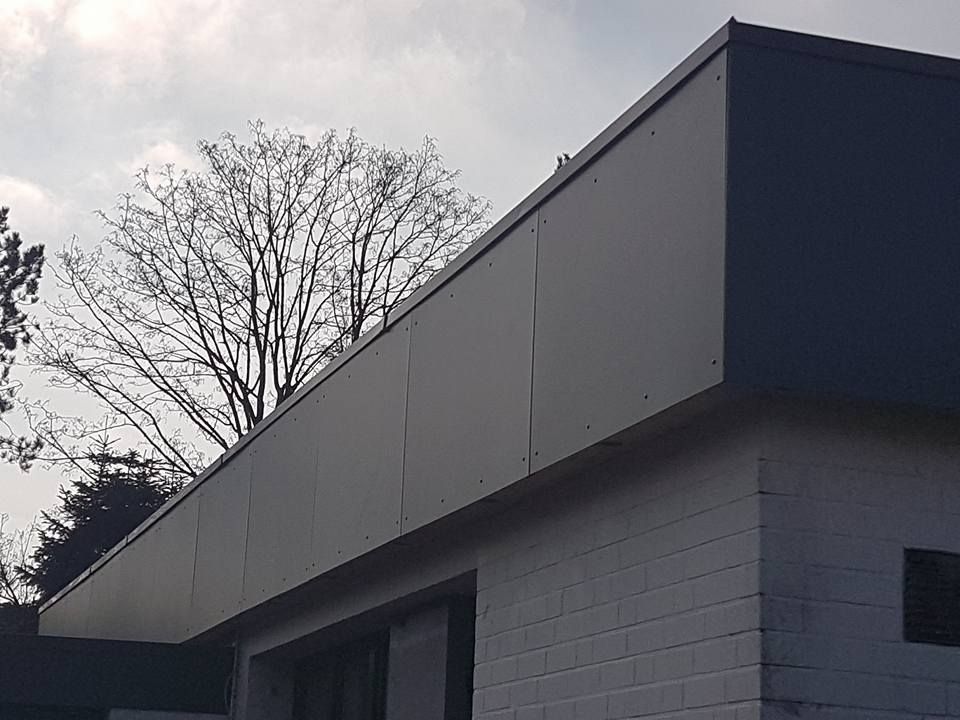 Weiße Hauswand mit zwei schwarzen Fenstern, davor ein Baum und Betonblöcke auf dem Boden.
