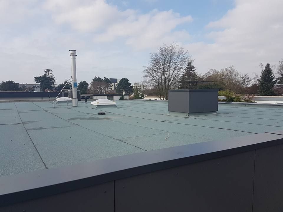 Flachdach mit grauer Abdichtung, Dachaufbauten und Bäumen im Hintergrund unter bewölktem Himmel.
