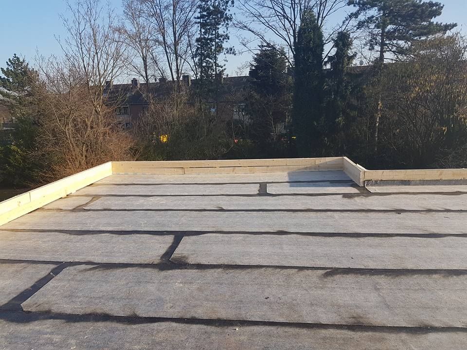 Flachdach mit grauer Abdichtung und Holzumrandung, im Hintergrund Bäume und Häuser.