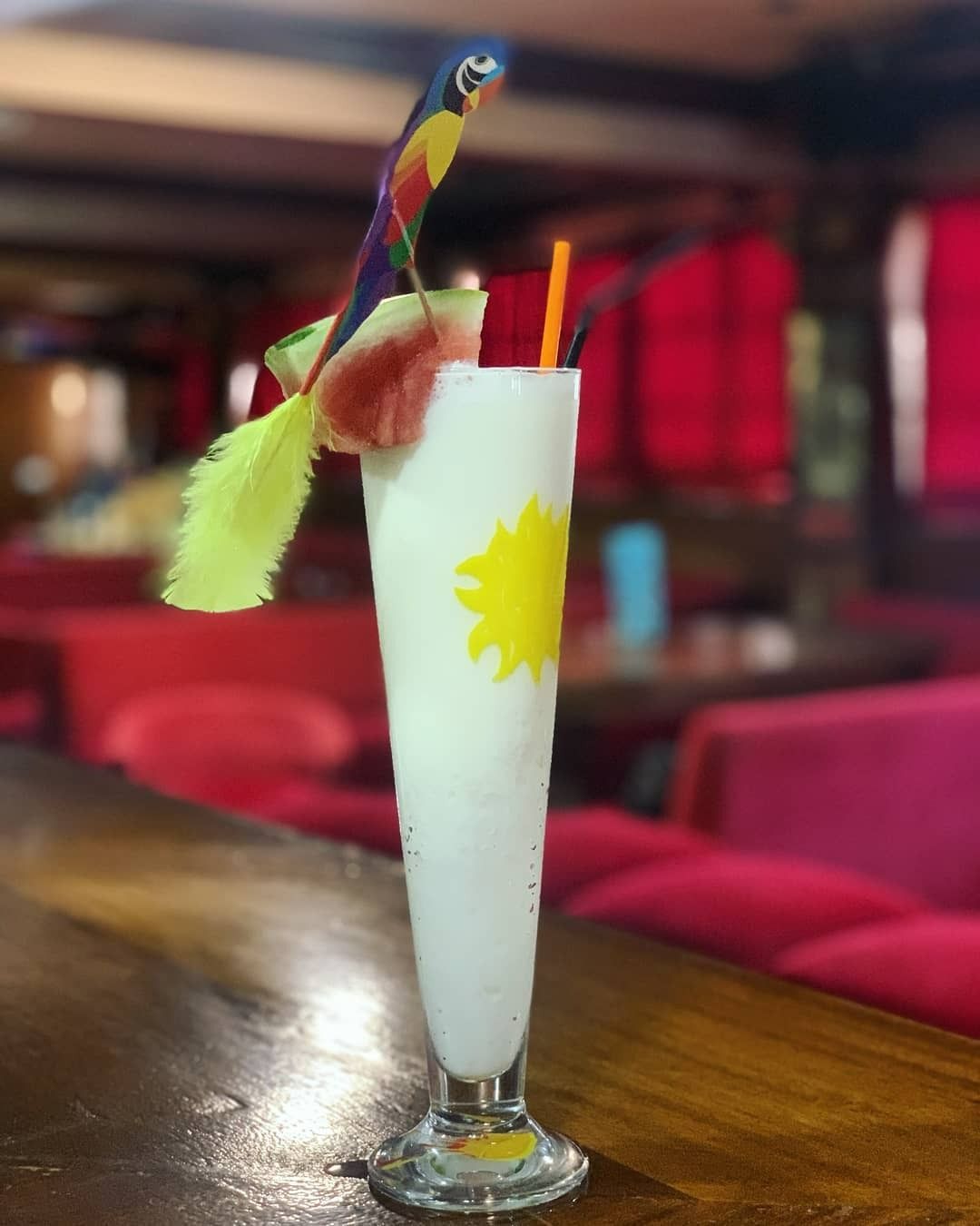 Sobre una mesa hay una bebida con un loro encima.