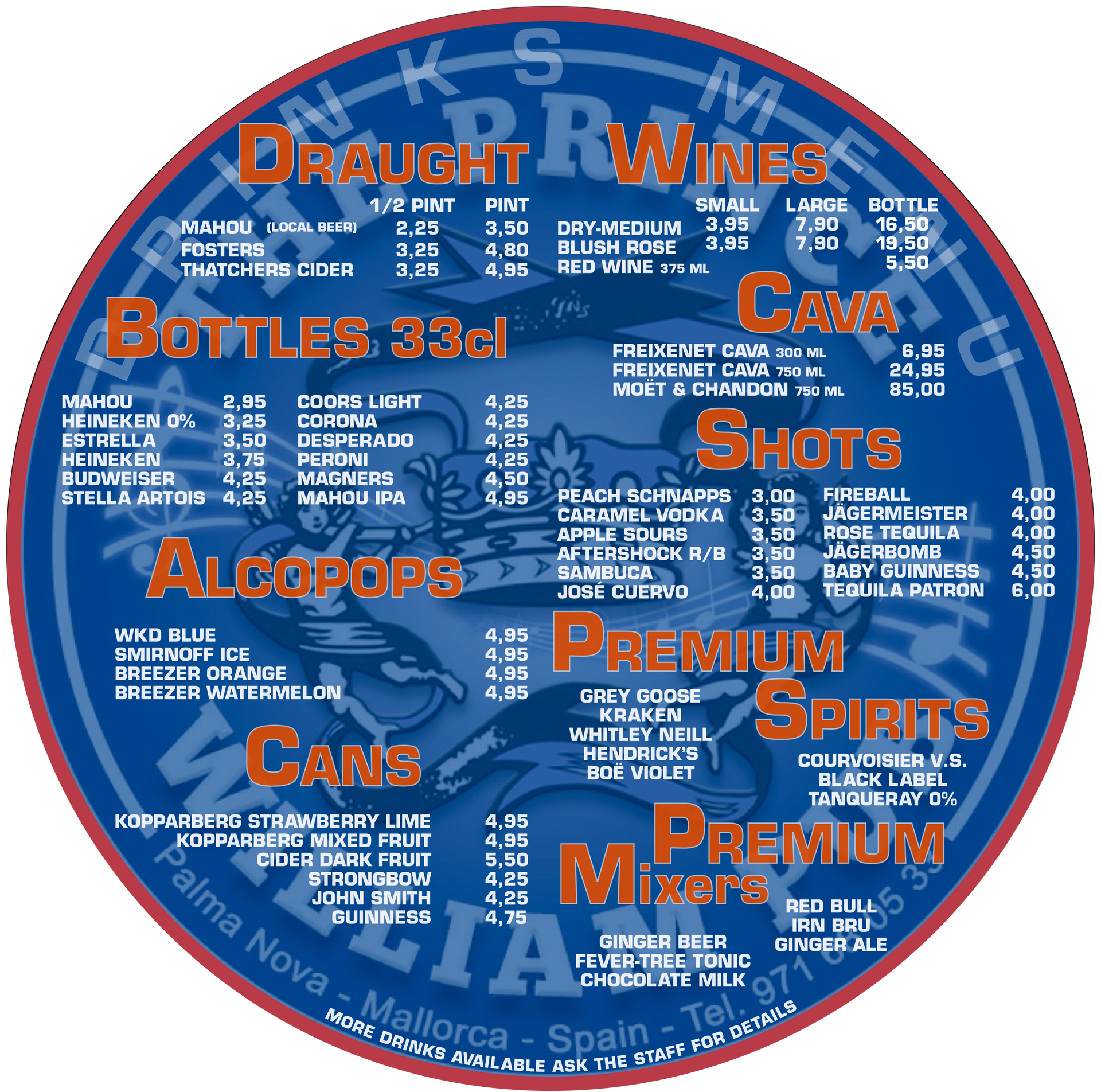 Un menú para desayunar en el pub Prince William