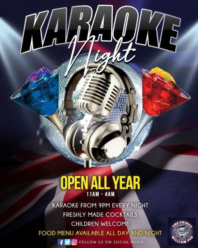 Un cartel para una noche de karaoke que está abierta todo el año.