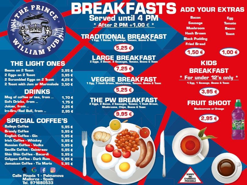 Un menú para desayunar en el pub Prince William