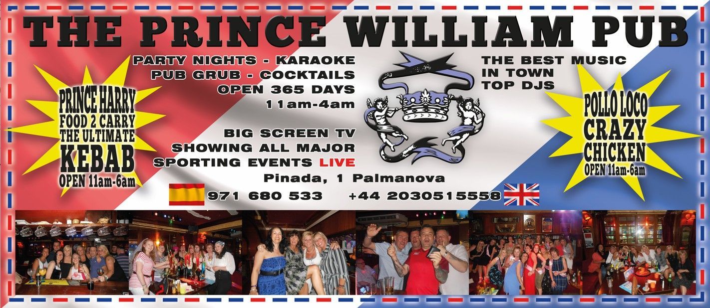Un cartel del pub Prince William muestra a gente bailando.