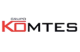 Un logotipo rojo y negro para komtes sobre un fondo blanco.