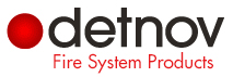 Un logotipo para los productos del sistema contra incendios Detnov con un círculo rojo en el medio.