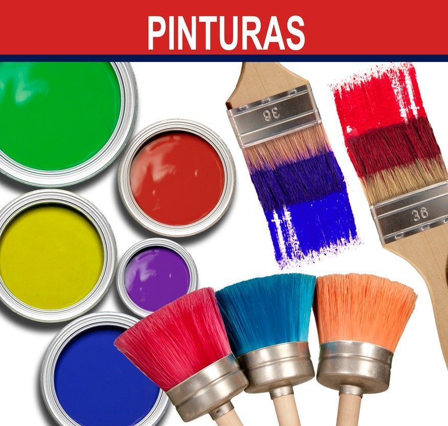 Surtido de latas de pintura y pinceles de colores con la palabra “PINTURAS” en la parte superior.