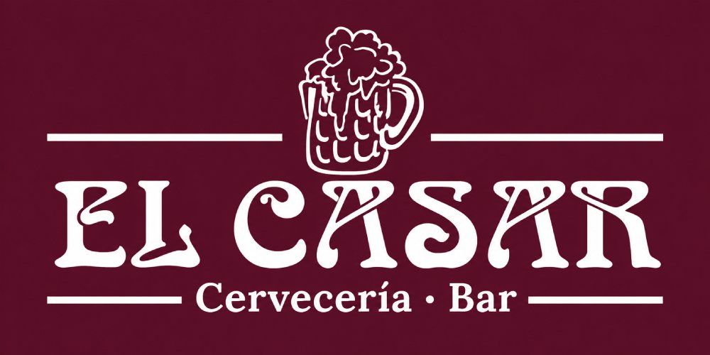 Logotipo morado de "El César" con icono de jarra de cerveza y las palabras "Cervecería · Bar" sobre un fondo granate.