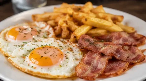 Plato de desayuno con huevos fritos, tocino y papas fritas en un plato blanco.