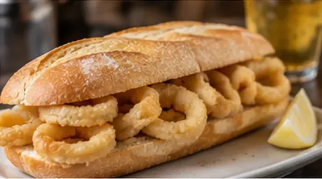 Sándwich de calamar en un pan crujiente con una rodaja de limón en un plato.