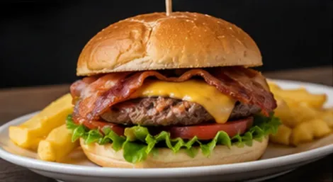 Hamburguesa con queso, tocino y papas fritas en un plato blanco.