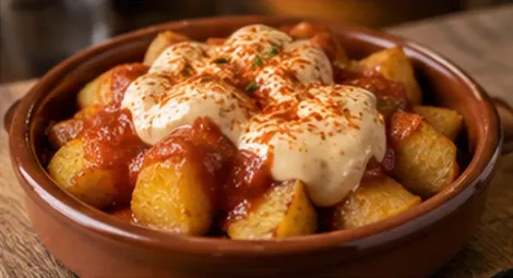 Bol de cubos de patata frita cubiertos con salsa roja, salsa cremosa y pimentón.