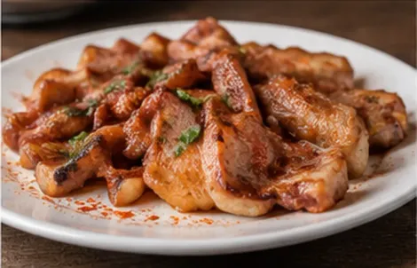 Plato de trozos de pollo a la parrilla glaseados con salsa rojiza sobre un plato blanco.