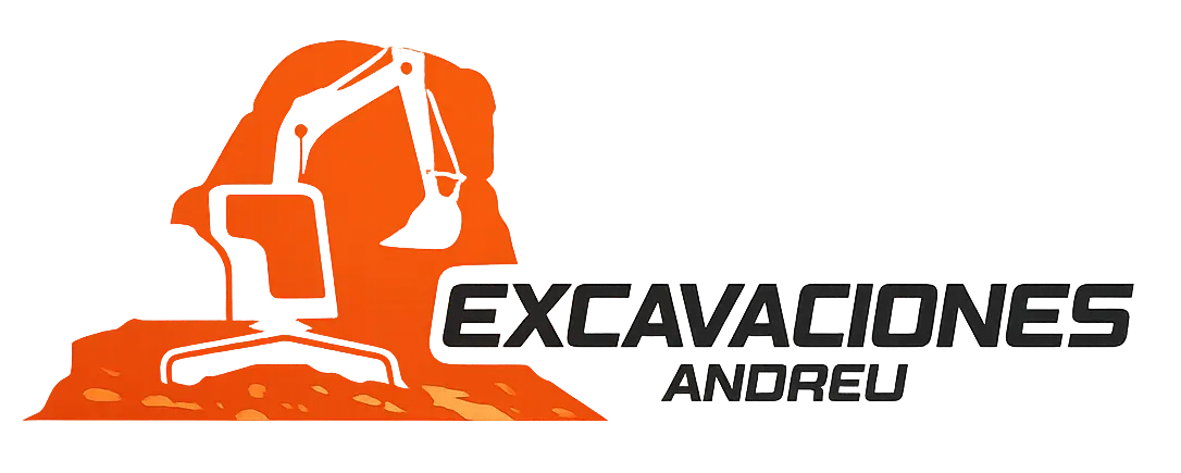Logotipo de "Excavaciones Andreu" que muestra la silueta de una excavadora naranja sobre un montón de tierra con texto a la derecha.