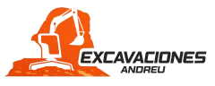 Logotipo de "Excavaciones Andreu" que muestra la silueta de una excavadora naranja sobre un mont&oacute;n de tierra con texto a la derecha.