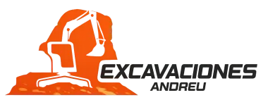 Logotipo de "Excavaciones Andreu" que muestra la silueta de una excavadora naranja sobre un mont&oacute;n de tierra con texto a la derecha.