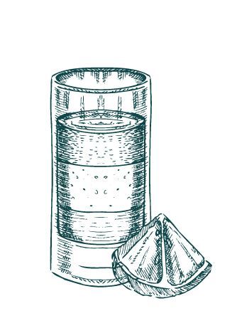 Un dibujo de un vaso de tequila al lado de una rodaja de limón.