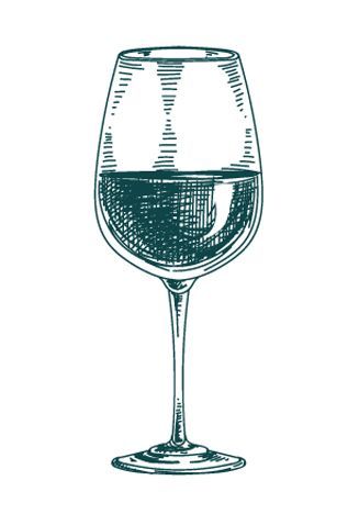 Un dibujo de una copa de vino llena de vino sobre un fondo blanco.