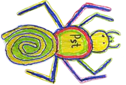 Bunte Cartoon-Spinne mit gelbem Kopf und grün-gelb gestreiftem Hinterleib, mit dem Buchstaben „pst“ in Grün.