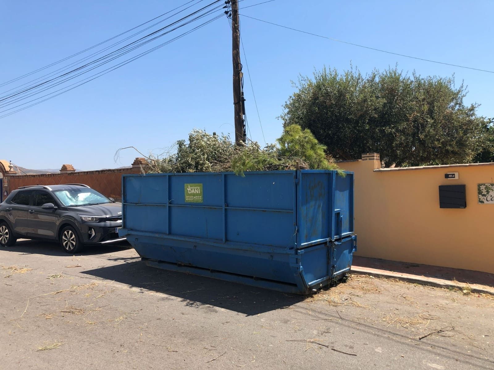 Contenedor azul lleno de ramas verdes en una calle al lado de un auto estacionado y una pared.