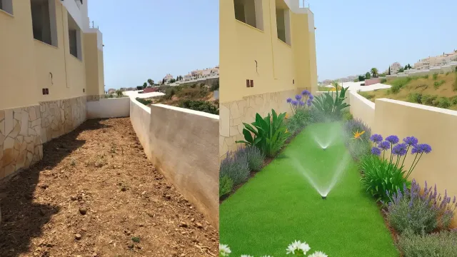 Vista del antes y el después: la tierra desnuda se transforma en un césped verde con flores y aspersores.