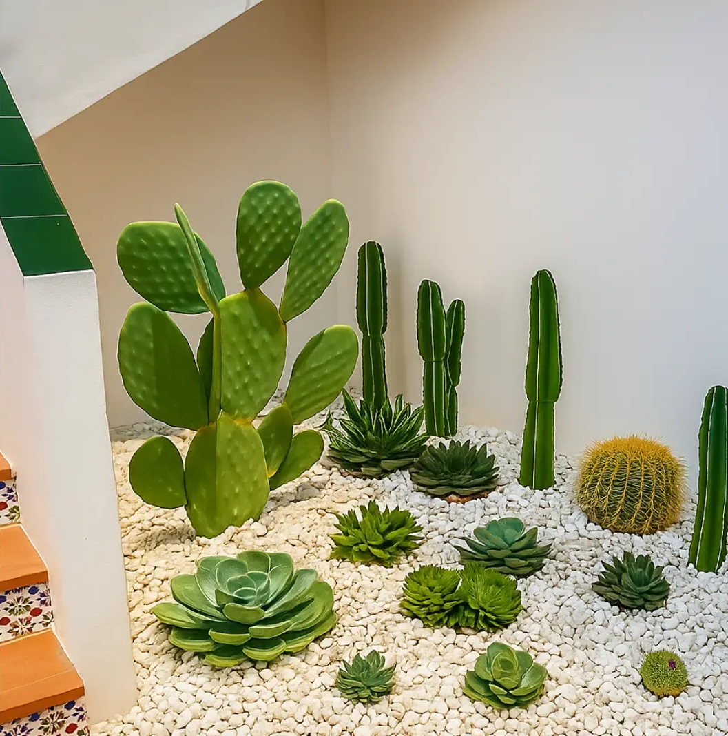 Jardín de cactus y suculentas en un rincón,