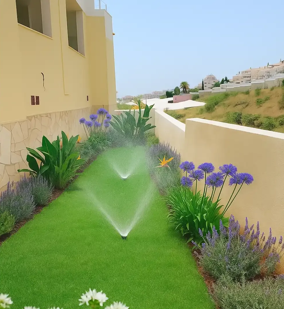 Un exuberante césped verde regado por aspersores