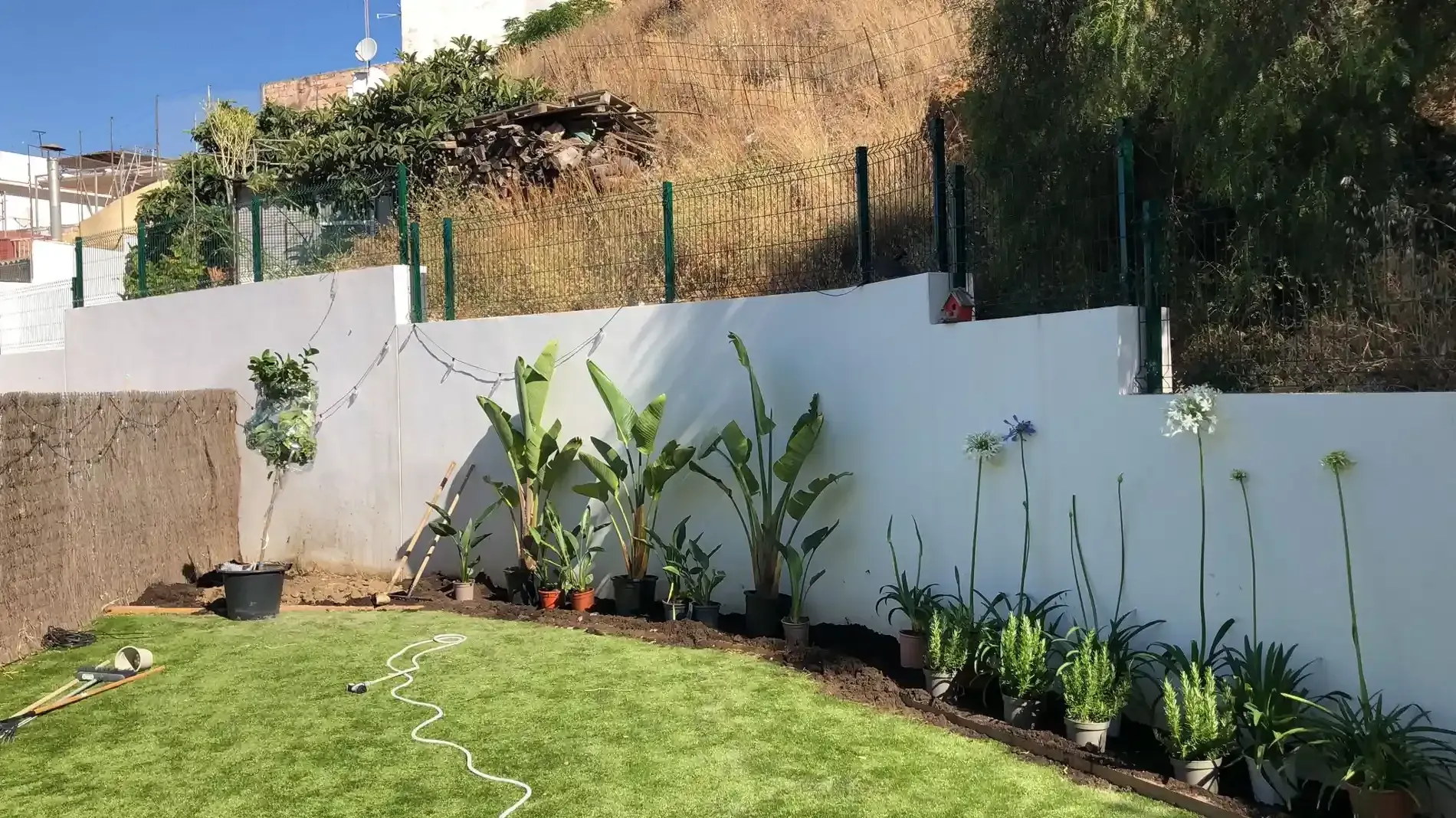 Hierba verde, pared blanca con macetas frente a la ladera.