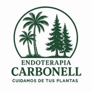 Logo: Palm and pine trees, text "Endoterapia Carbonell", "Cuidamos tus plantas", person icon.