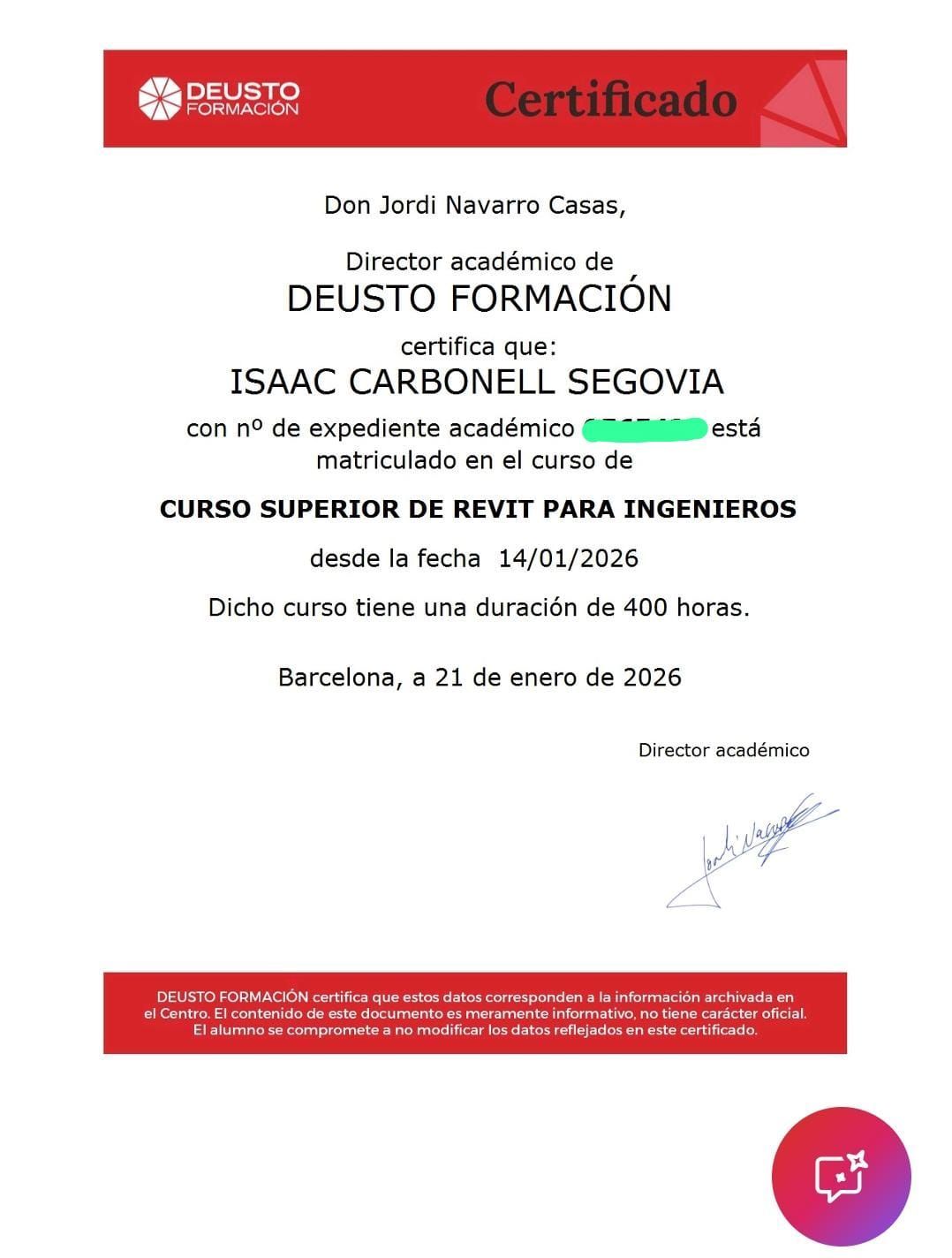 Certificado de Deusto Formación, firmado por Jordi Navarro Cases, para Isaac Carbonell Segovia, curso de Revit para Ingenieros.