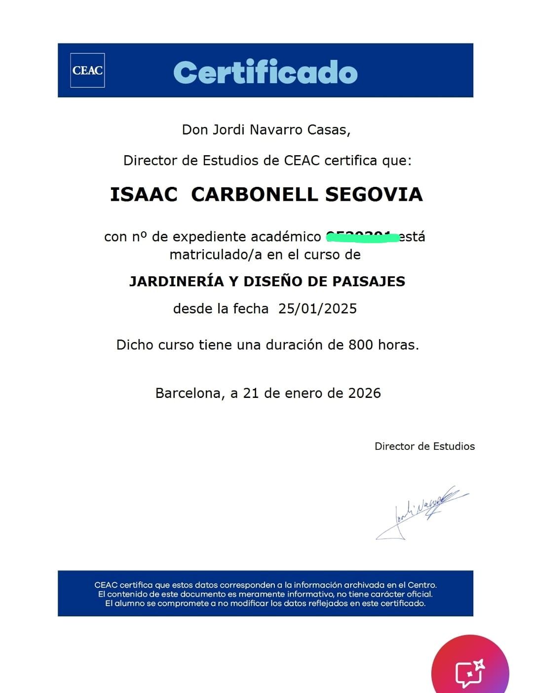 Certificado para Isaac Carbonell Segovia, quien completó el curso de Diseño de Jardinería y Paisajismo. Barcelona, enero de 2026.