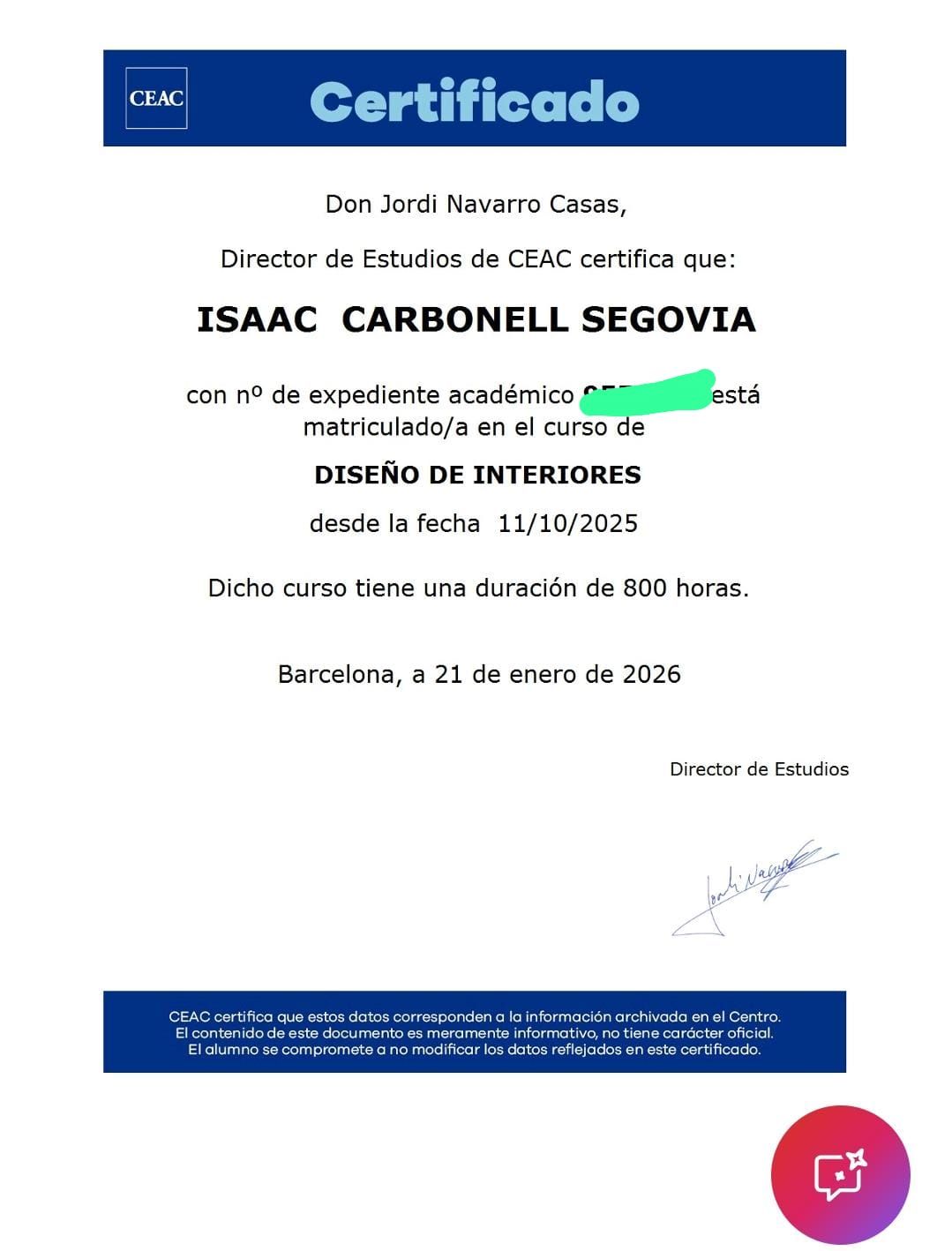 Certificado para ISAAC CARBONELL SEGOVIA, detallando la finalización del curso de Diseño de Interiores el día 10/11/2023.