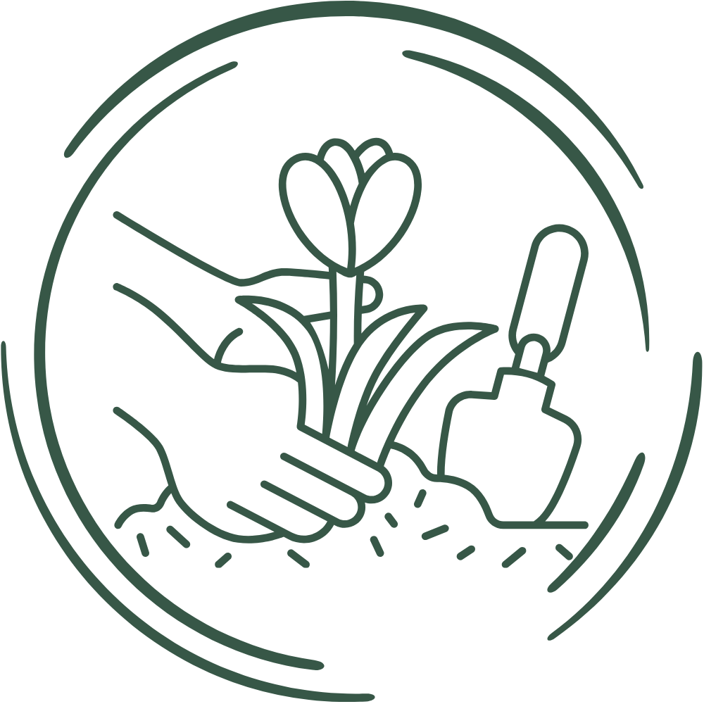 Plantando a mano una flor con una paleta, dentro de un círculo verde.