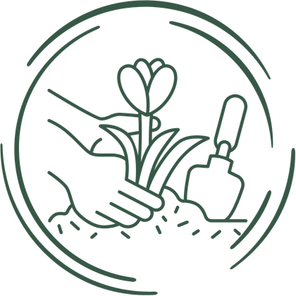 Plantando a mano una flor con una paleta, dentro de un círculo verde.