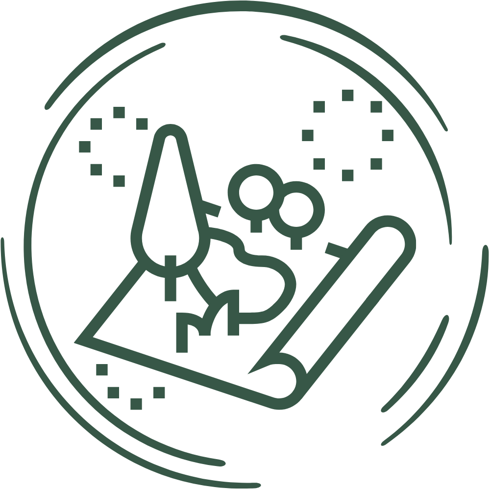 Plan de diseño paisajístico con árboles y arbustos dentro de un círculo.