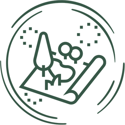 Plan de diseño paisajístico con árboles y arbustos dentro de un círculo.