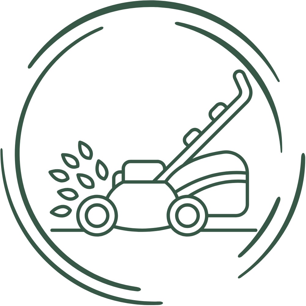 Icono de cortacésped dentro de un círculo, cortando hierba.