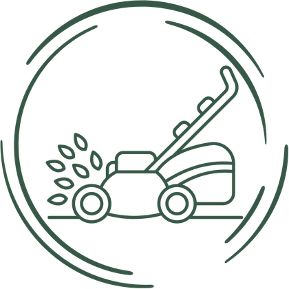 Icono de cortacésped dentro de un círculo, cortando hierba.