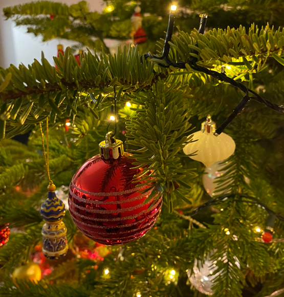 Sapin avec zoom sur boule de Noël rouge