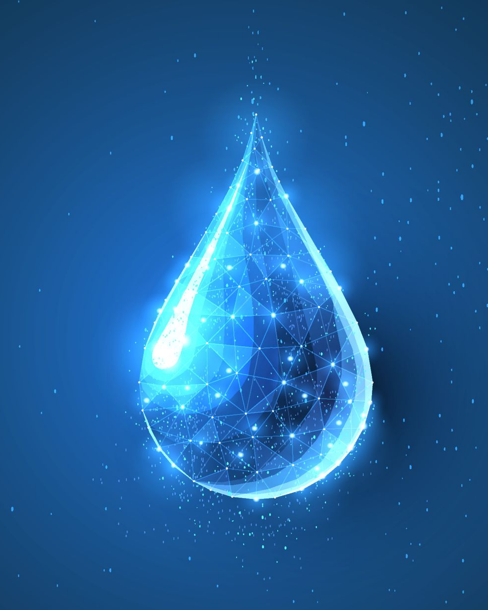 Goutte d'eau numérique bleue lumineuse.