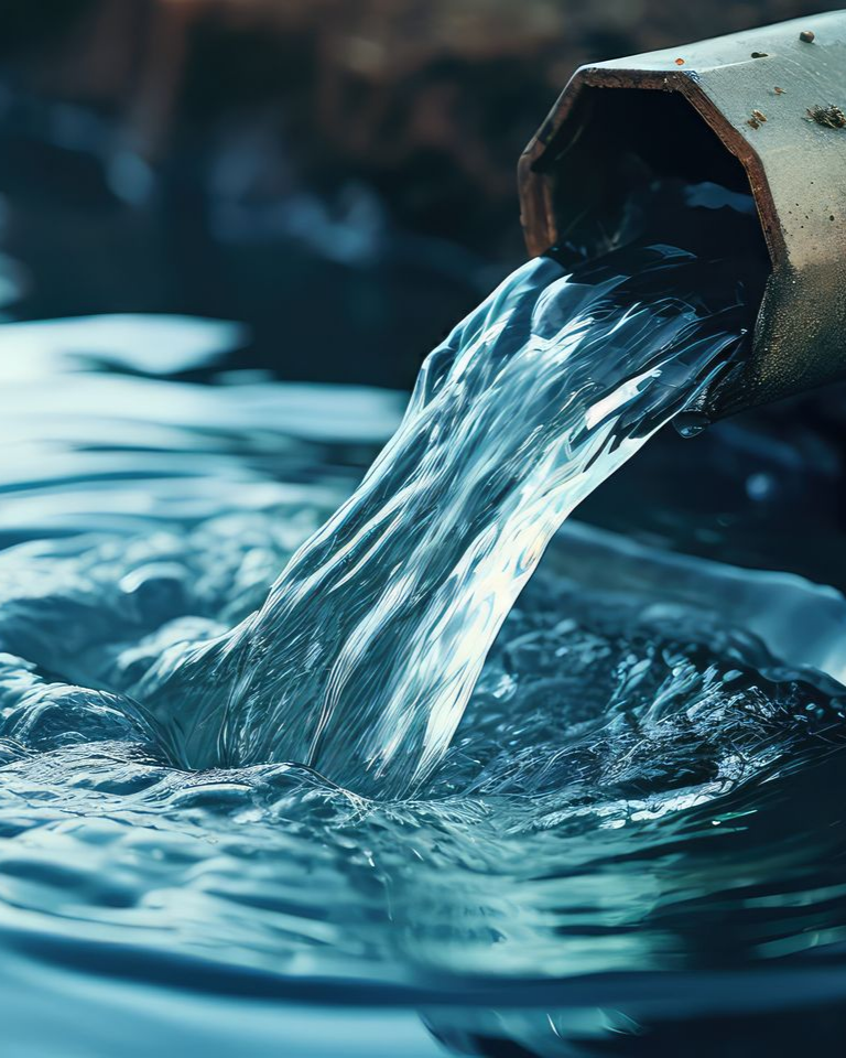 De l'eau s'écoulant d'un tuyau dans une étendue d'eau, aux teintes bleues.