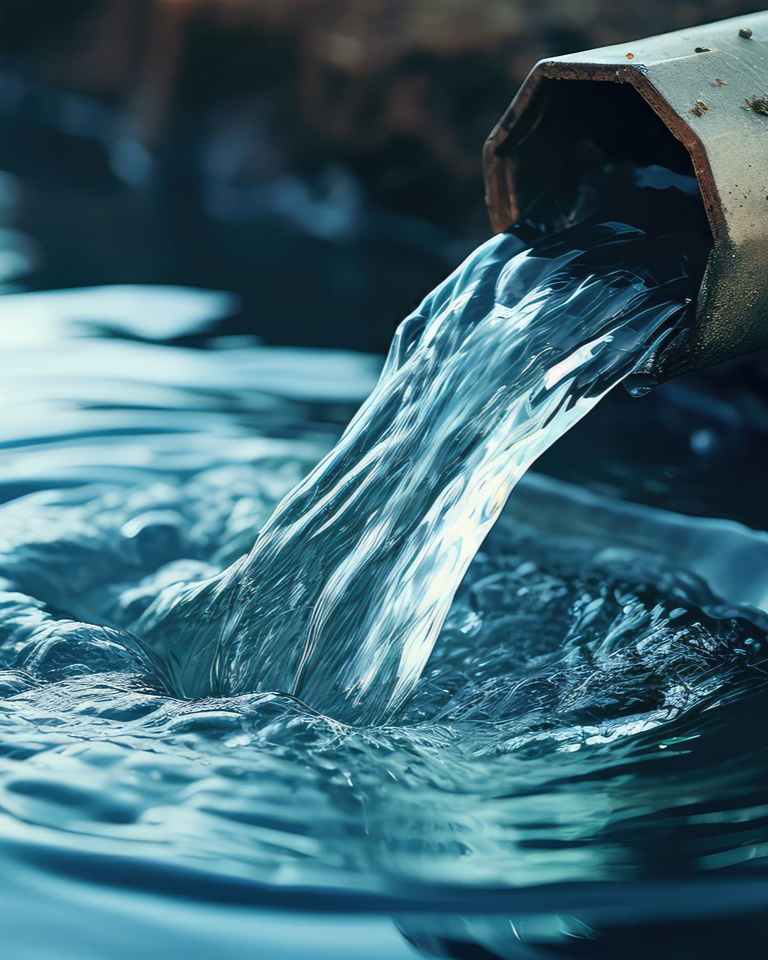 L'eau s'écoule d'un tuyau métallique dans une flaque d'eau, créant des ondulations.