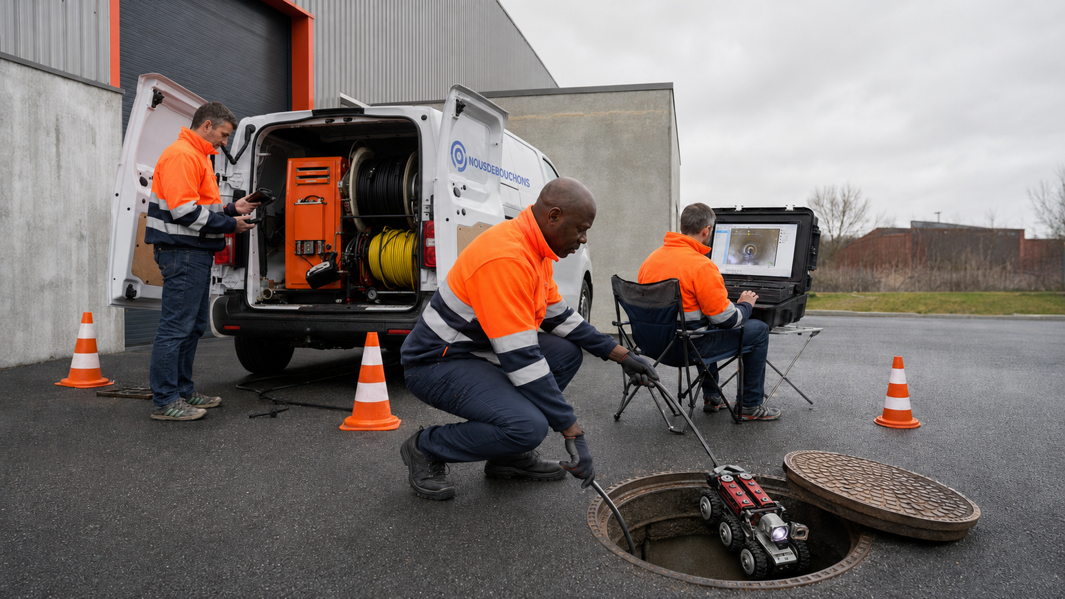 Des ouvriers, vêtus d'équipements de sécurité orange, inspectent une bouche d'égout à côté d'une camionnette de service.