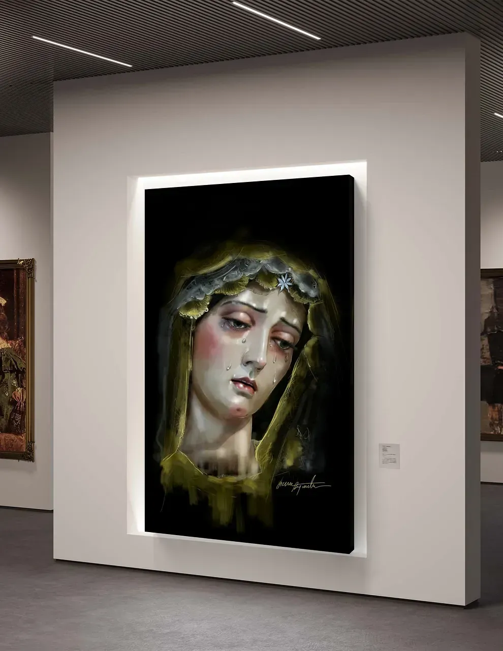 Un cuadro del rostro de una mujer está colgado en la pared de un museo.