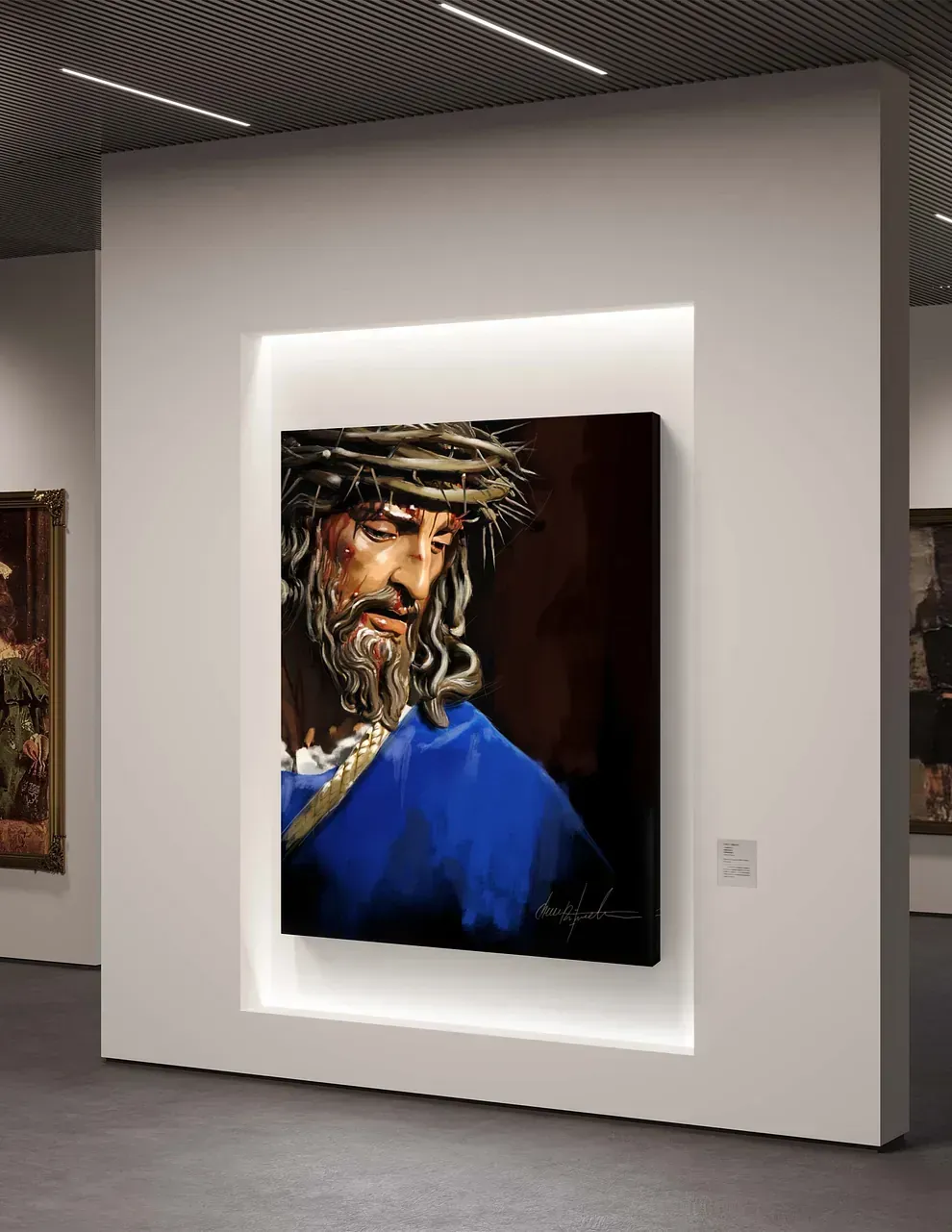 Un cuadro de Jesús con una corona de espinas está colgado en una pared de un museo.