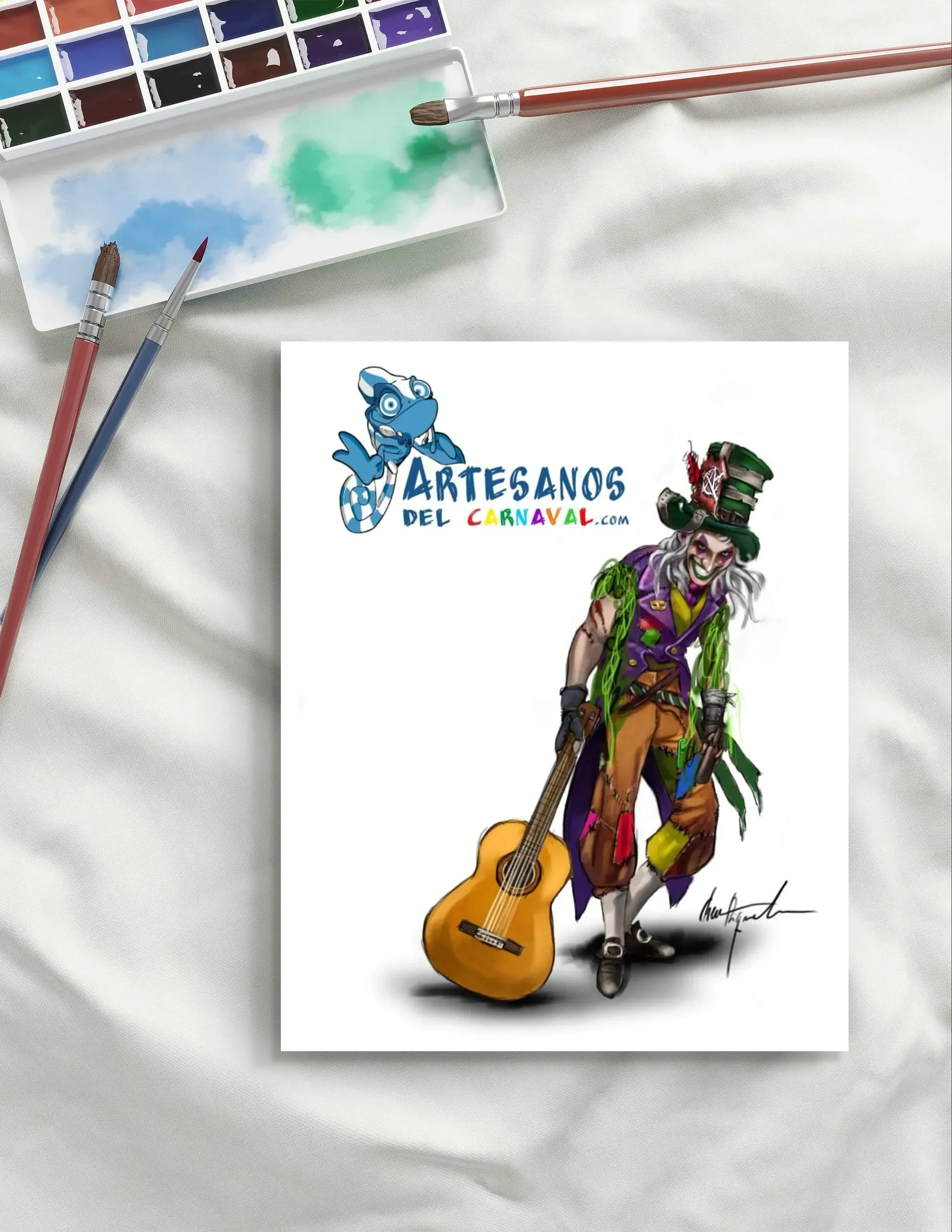 Una pintura de un hombre sosteniendo una guitarra con las palabras artesanos en la parte inferior.