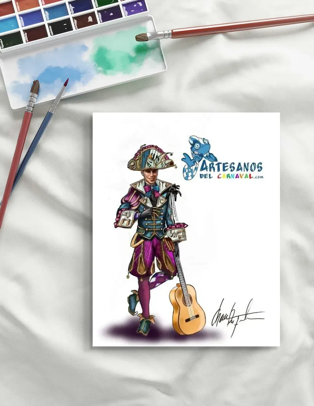 Un cuadro de un hombre sosteniendo una guitarra junto a una caja de acuarelas.
