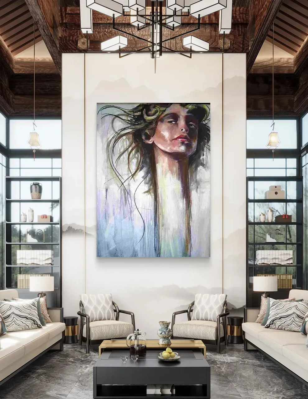 Una sala de estar con un cuadro de una mujer en la pared.