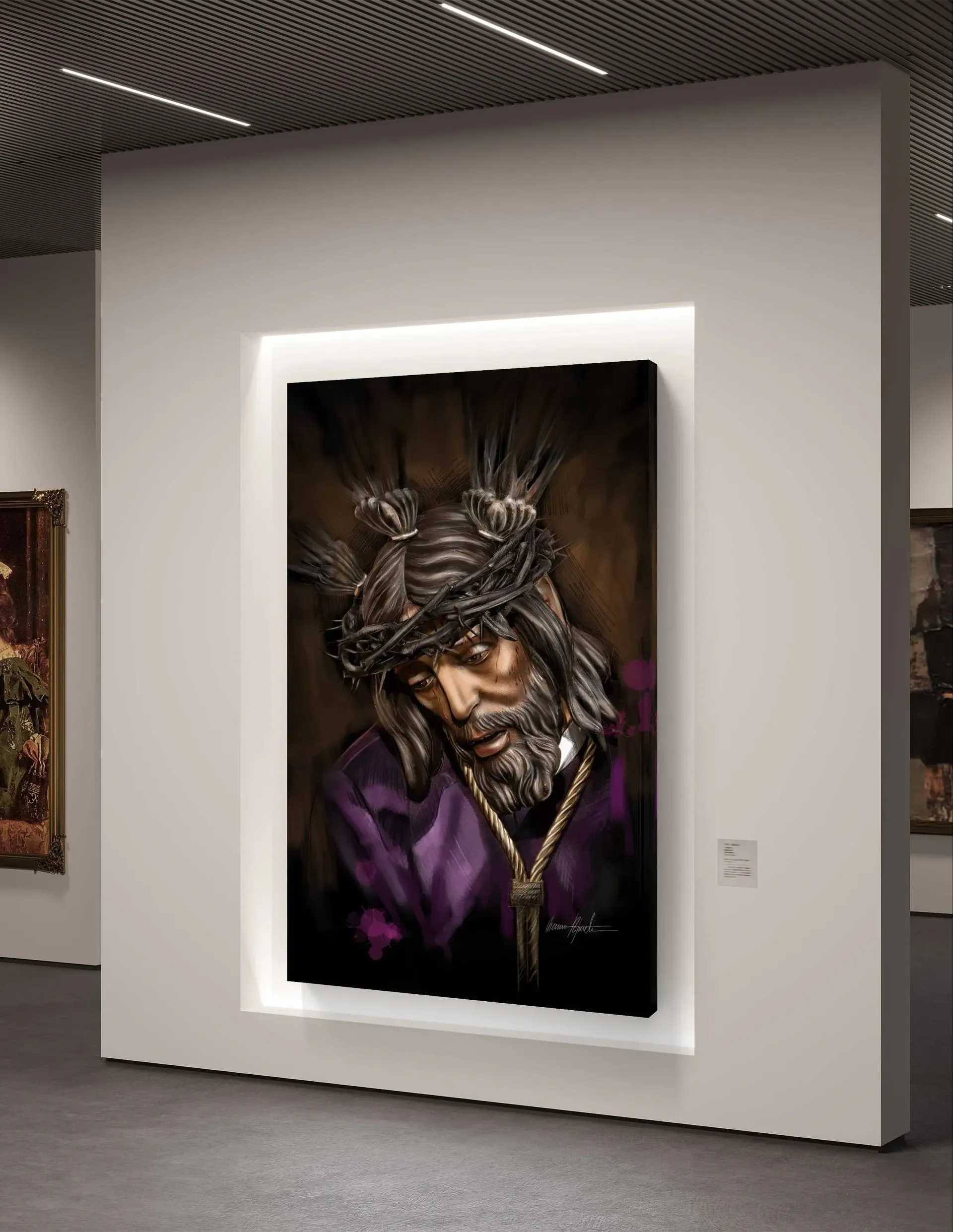 Un cuadro de Jesús con una corona de espinas está colgado en una pared.